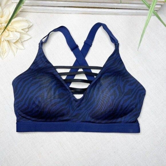 Victoria Secret Navy Leopard Plunge Strappy Sports Bra 32D - Picture 1 of 6